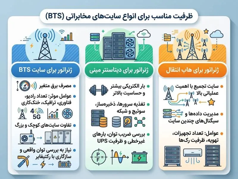 اینفوگرافی ظرفیت مناسب دیزل ژنراتور برای انواع سایت‌های مخابراتی